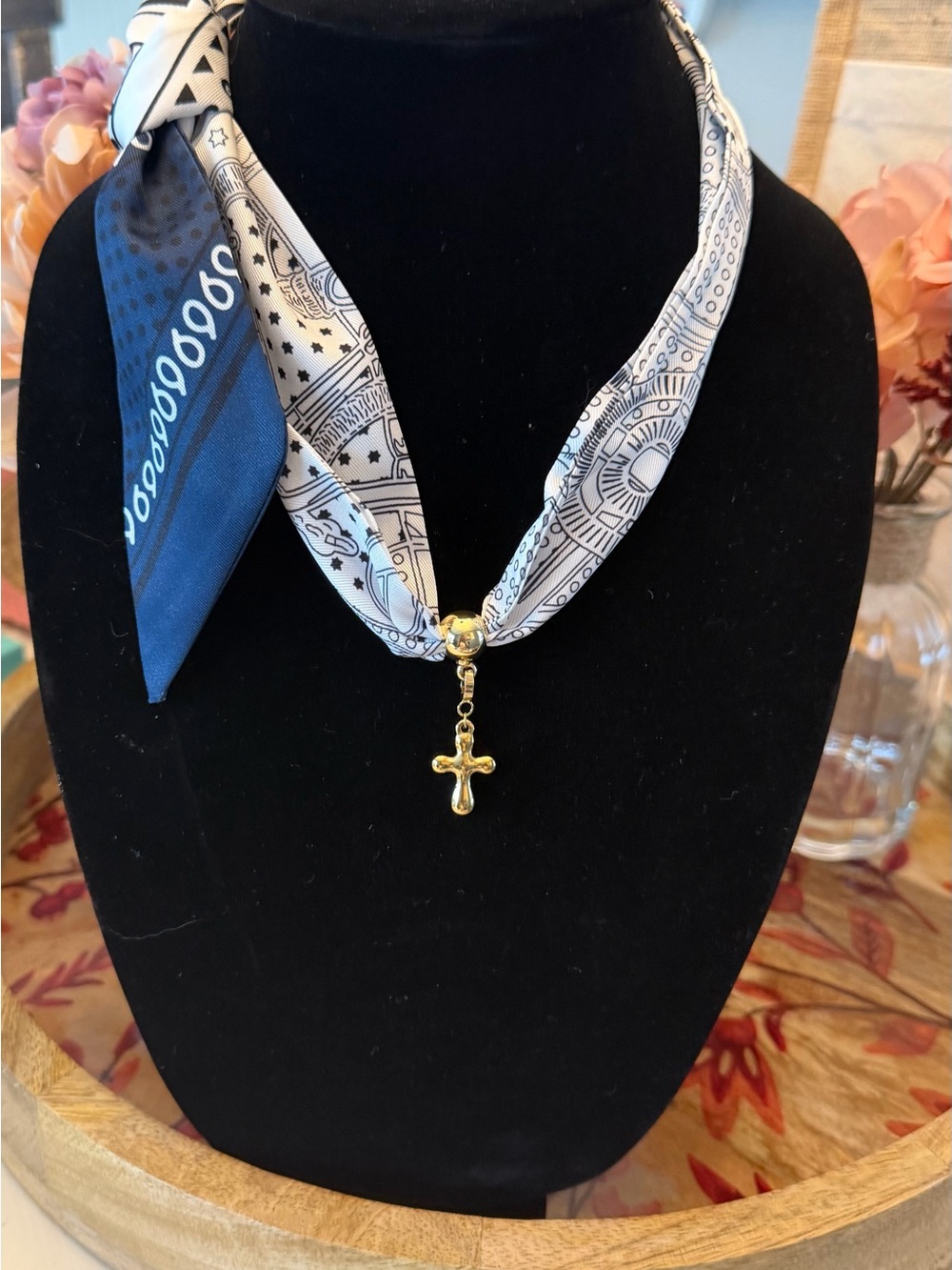 Jbloom “Paisley” scarf necklace w/ Stainless Gold bead and gold cross charm NEW
